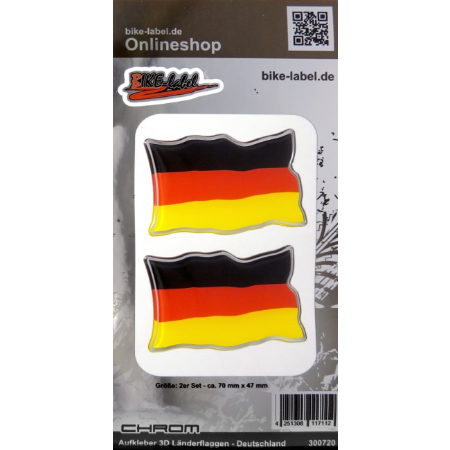 Aufkleber 3D Länder-Flaggen - Deutschland mit Chromrand 2 Stck. je 70 x 47  mm - Länderflaggen - 3D Aufkleber - Shop